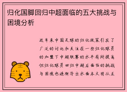 归化国脚回归中超面临的五大挑战与困境分析
